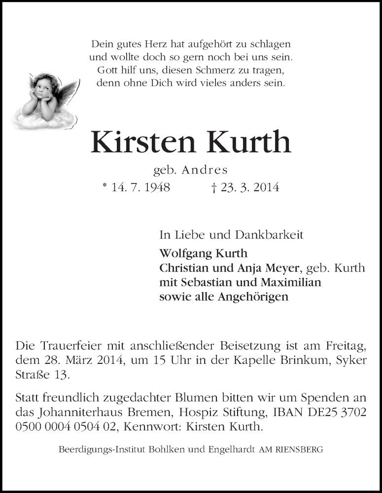 Traueranzeige von Kirsten Kurth von WESER-KURIER