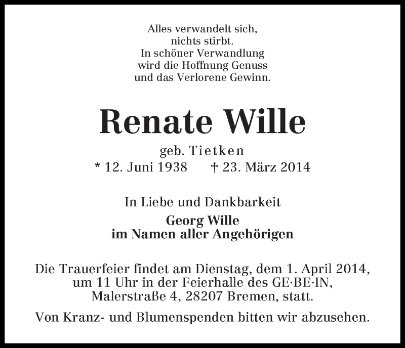 Traueranzeige von Renate Wille von WESER-KURIER