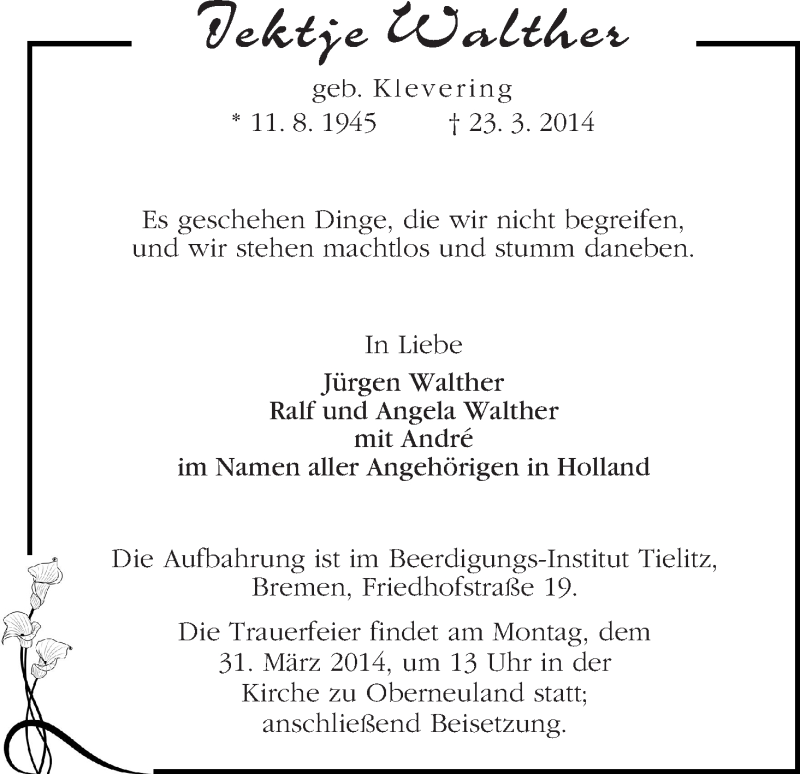 Traueranzeige von Iektje Walther von WESER-KURIER