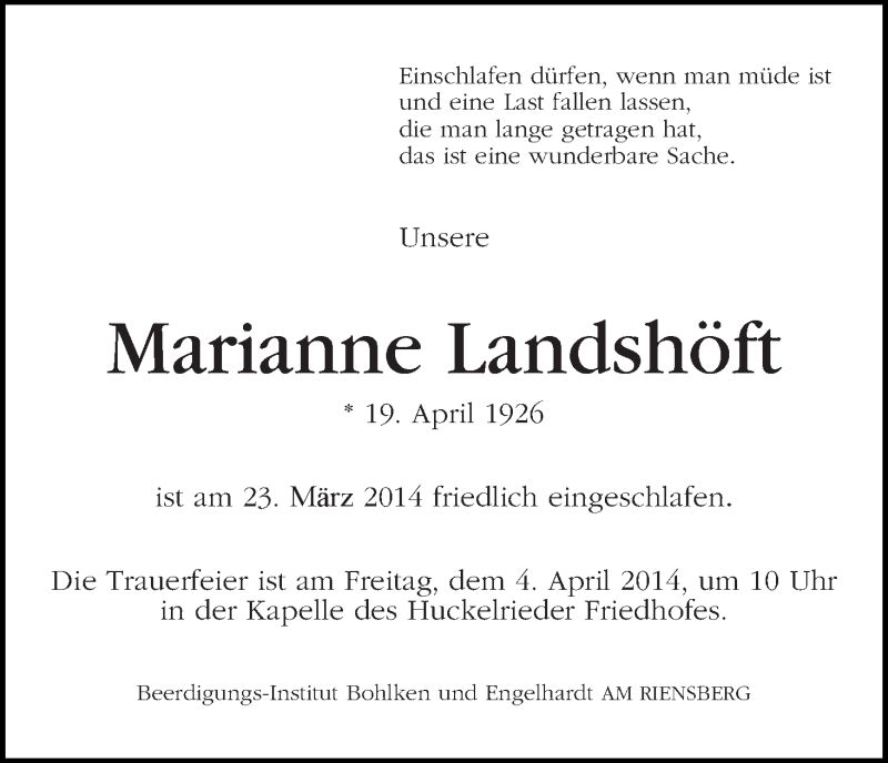 Traueranzeige von Marianne Landshöft von WESER-KURIER