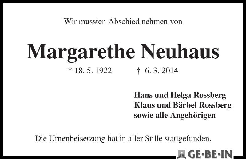 Traueranzeige von Margarethe Neuhaus von WESER-KURIER