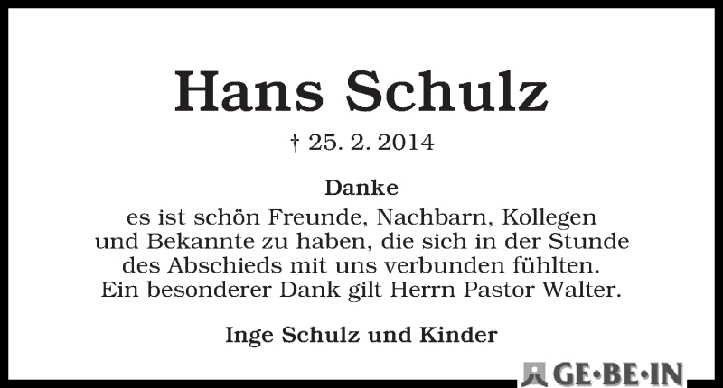 Traueranzeige von Hans Schulz von WESER-KURIER