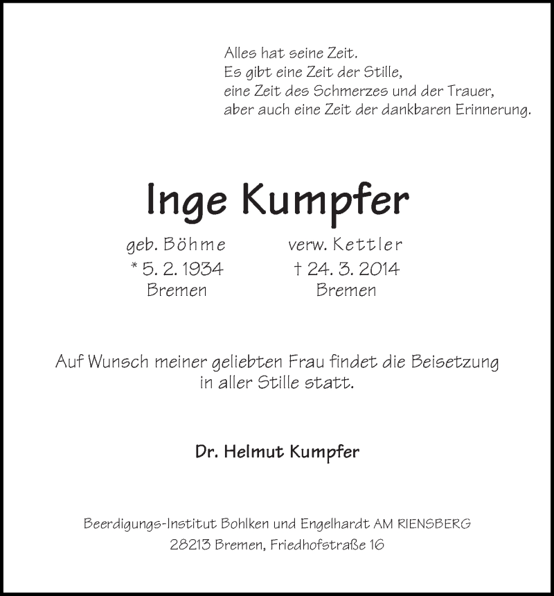 Traueranzeige von Inge Kumpfer von WESER-KURIER