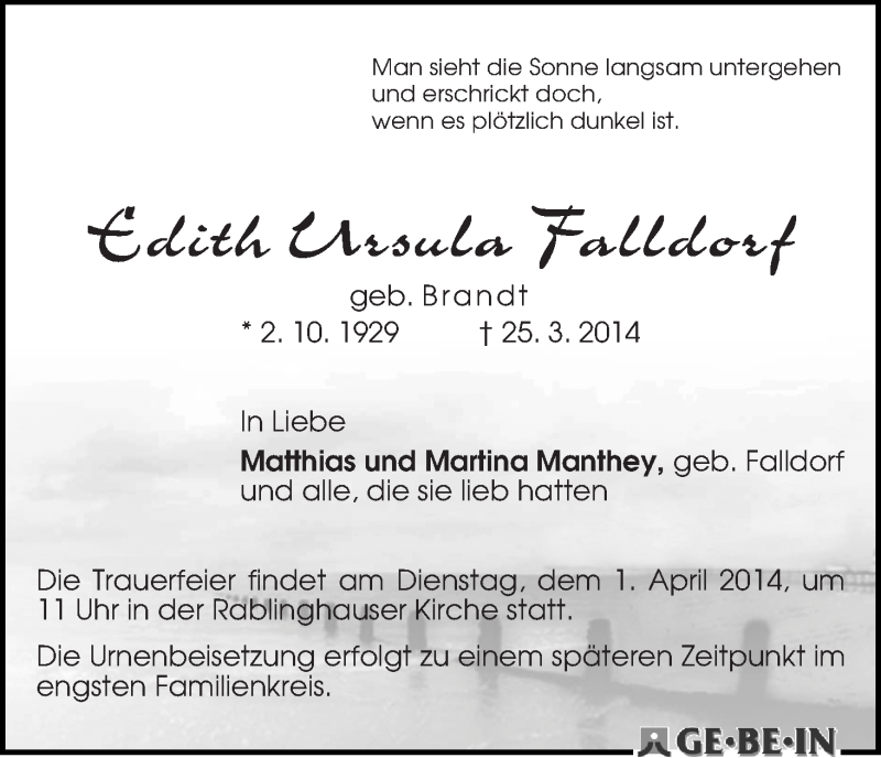Traueranzeige von Edith Ursula Falldorf von WESER-KURIER
