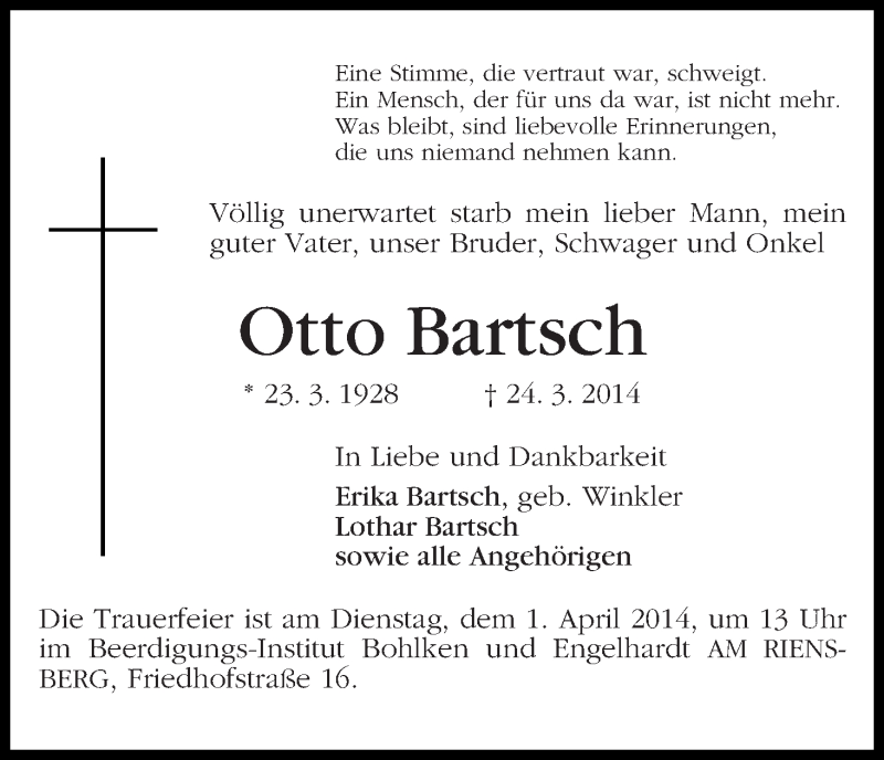 Traueranzeige von Otto Bartsch von WESER-KURIER