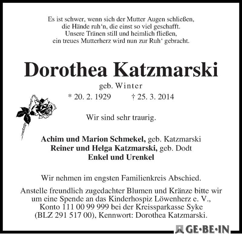 Traueranzeige von Dorothea Katzmarski von WESER-KURIER