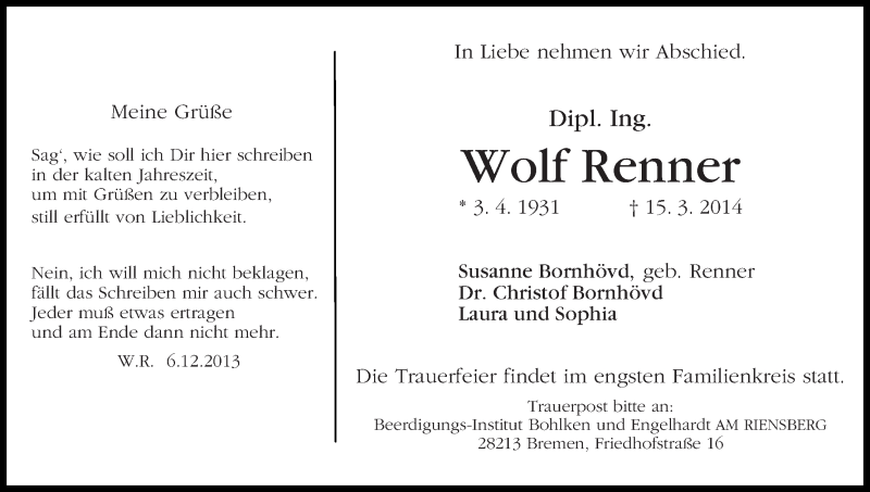 Traueranzeige von Wolf Renner von WESER-KURIER