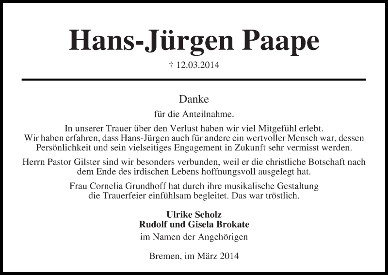 Traueranzeige von Hans-Jürgen Paape von WESER-KURIER