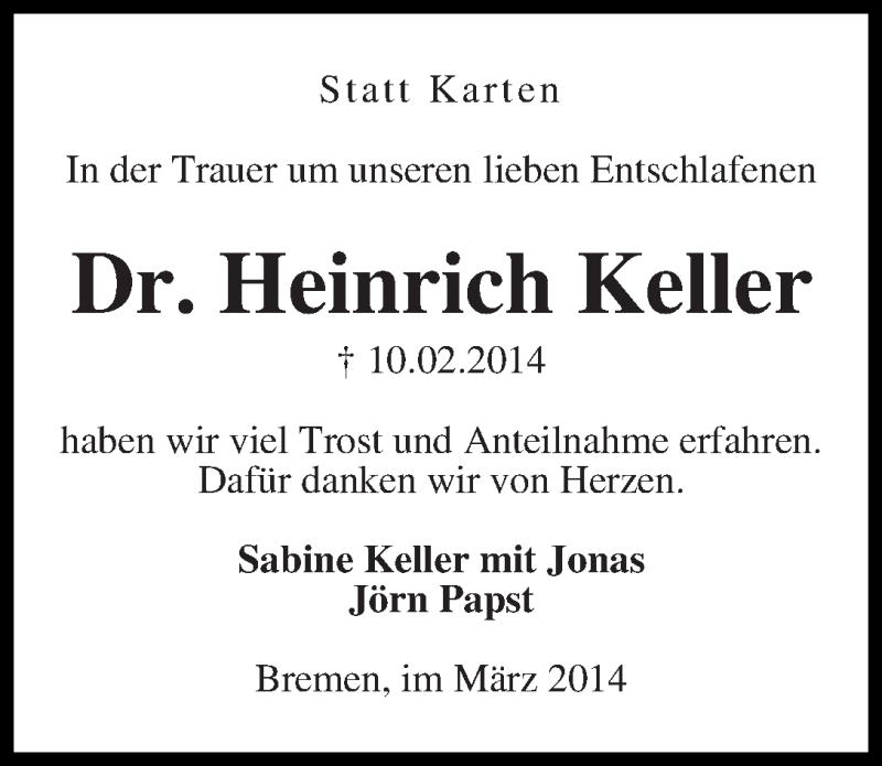 Traueranzeige von Heinrich Keller von WESER-KURIER