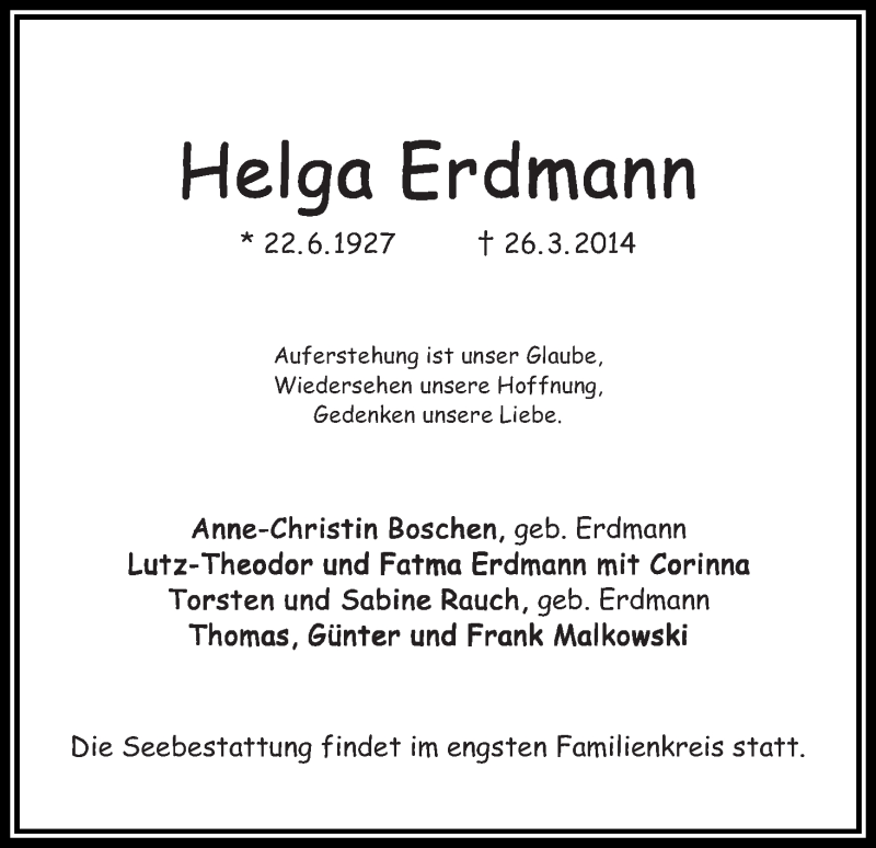 Traueranzeige von Helga Erdmann von WESER-KURIER