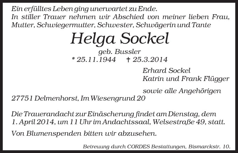 Traueranzeige von Helga Sockel von WESER-KURIER