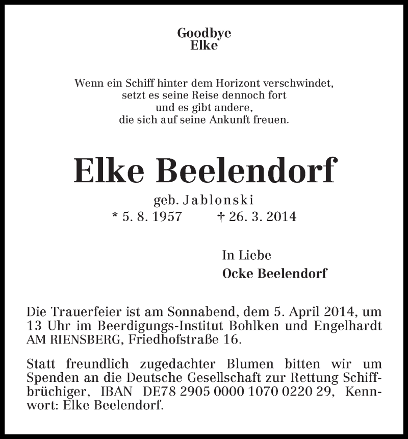 Traueranzeige von Elke Beelendorf von WESER-KURIER