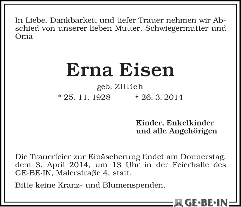 Traueranzeige von Erna Eisen von WESER-KURIER