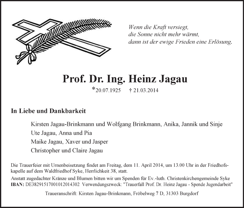 Traueranzeige von Heinz Jagau von WESER-KURIER