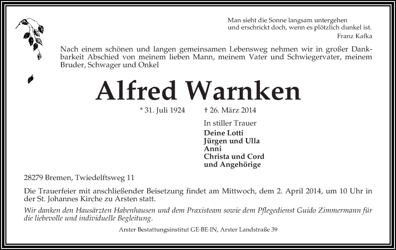 Traueranzeige von Alfred Warnken von WESER-KURIER