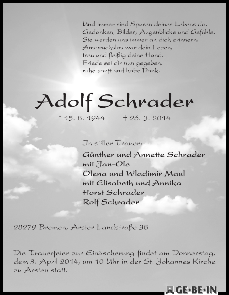 Traueranzeige von Adolf Schrader von WESER-KURIER