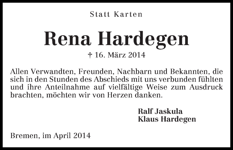 Traueranzeige von Rena Hardegen von WESER-KURIER