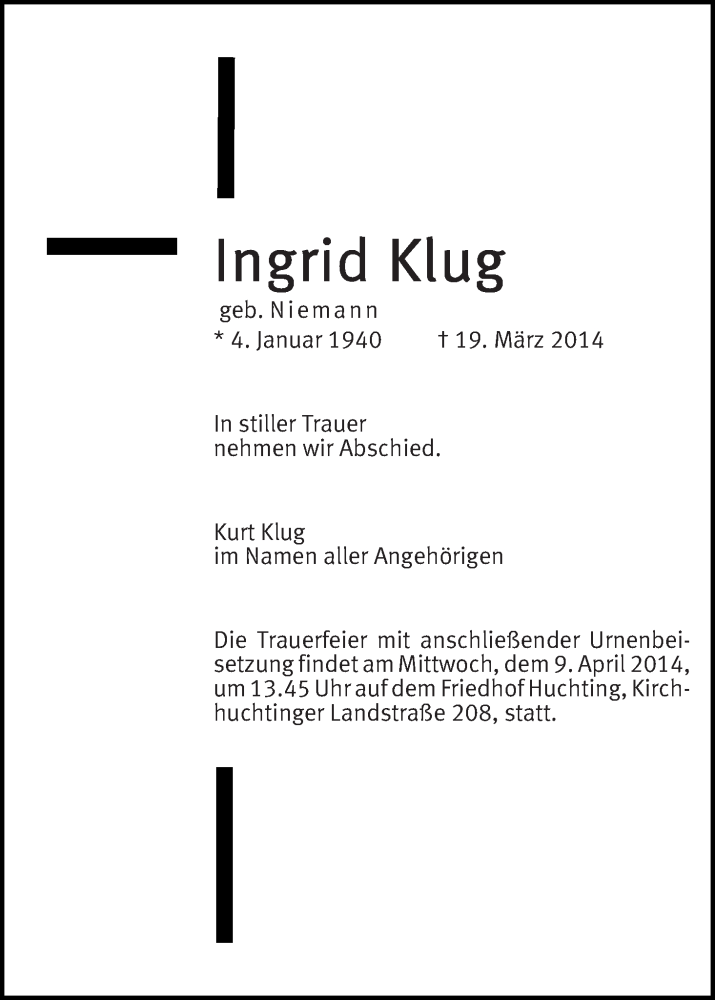 Traueranzeige von Ingrid Klug von WESER-KURIER