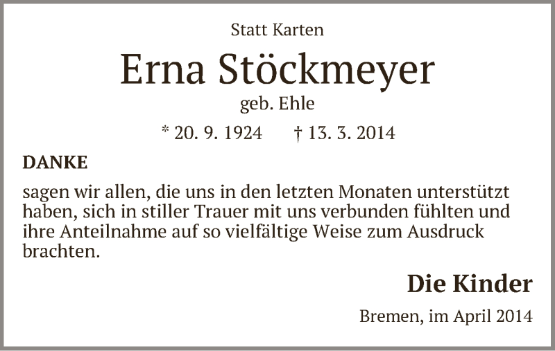 Traueranzeige von Erna Stöckmeyer von WESER-KURIER