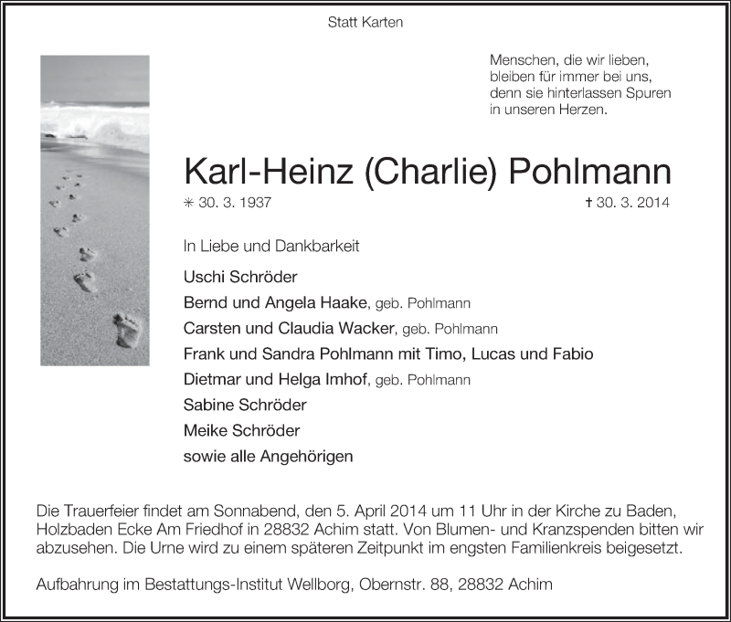 Traueranzeige von Karl-Heinz Pohlmann von Achimer Kurier/Verdener Nachrichten