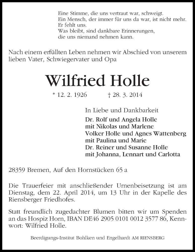 Traueranzeige von Wilfried Holle von WESER-KURIER
