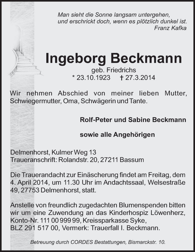 Traueranzeige von Ingeborg Beckmann von WESER-KURIER