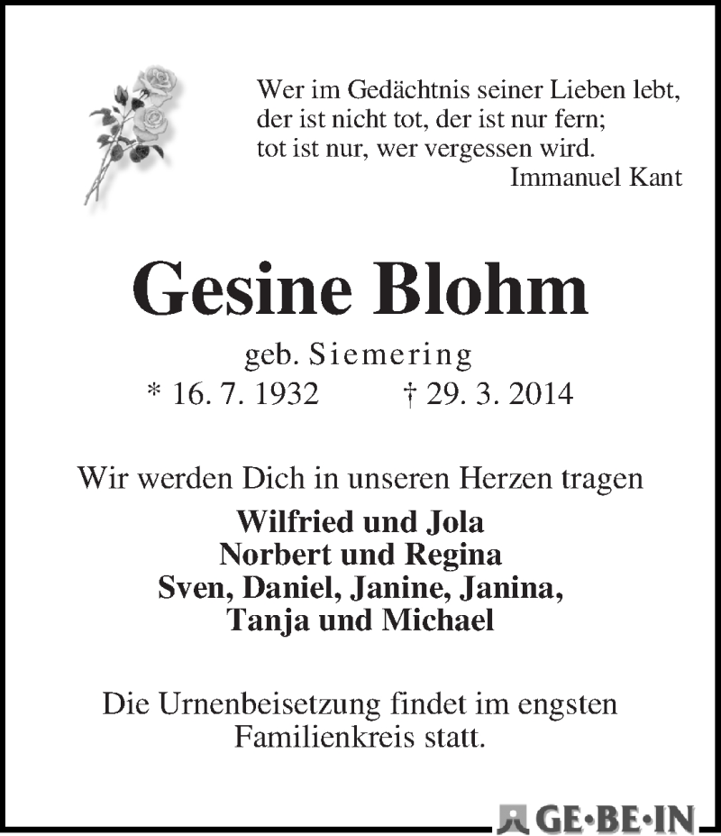 Traueranzeige von Gesine Blohm von WESER-KURIER