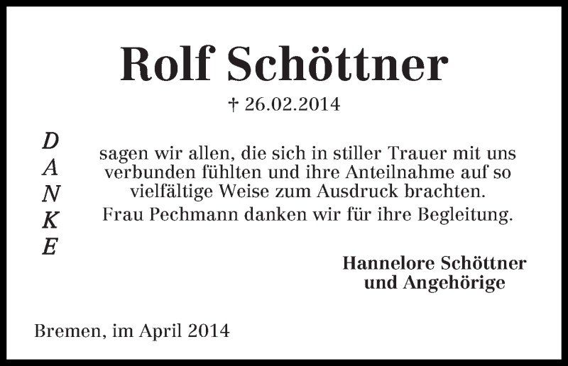 Traueranzeige von Rolf Schöttner von WESER-KURIER