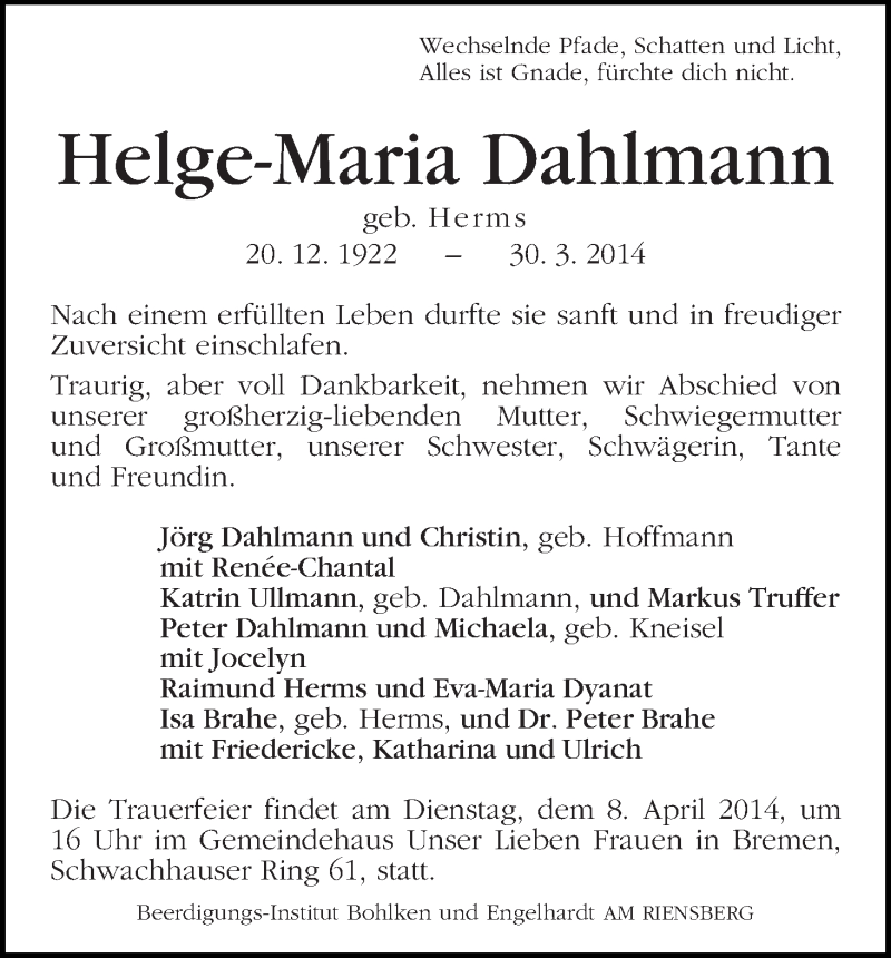 Traueranzeige von Helge-Maria Dahlmann von WESER-KURIER