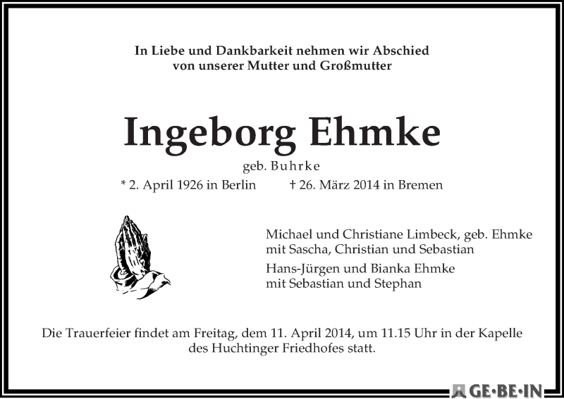 Traueranzeige von Ingeborg Ehmke von WESER-KURIER