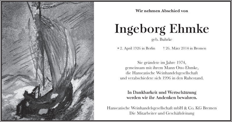 Traueranzeige von Ingeborg Ehmke von WESER-KURIER