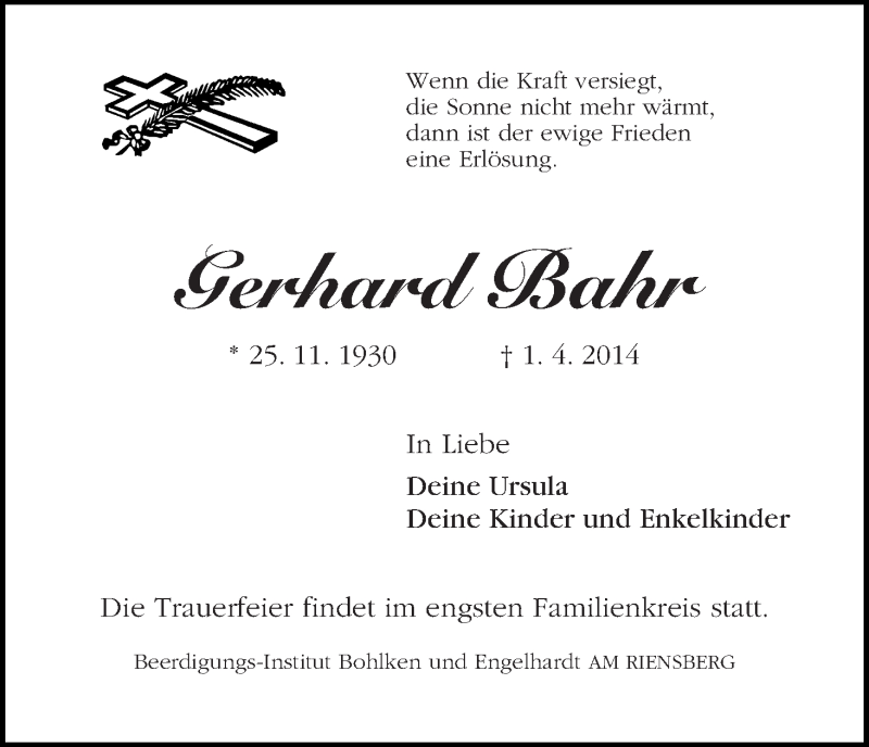 Traueranzeige von Gerhard Bahr von WESER-KURIER