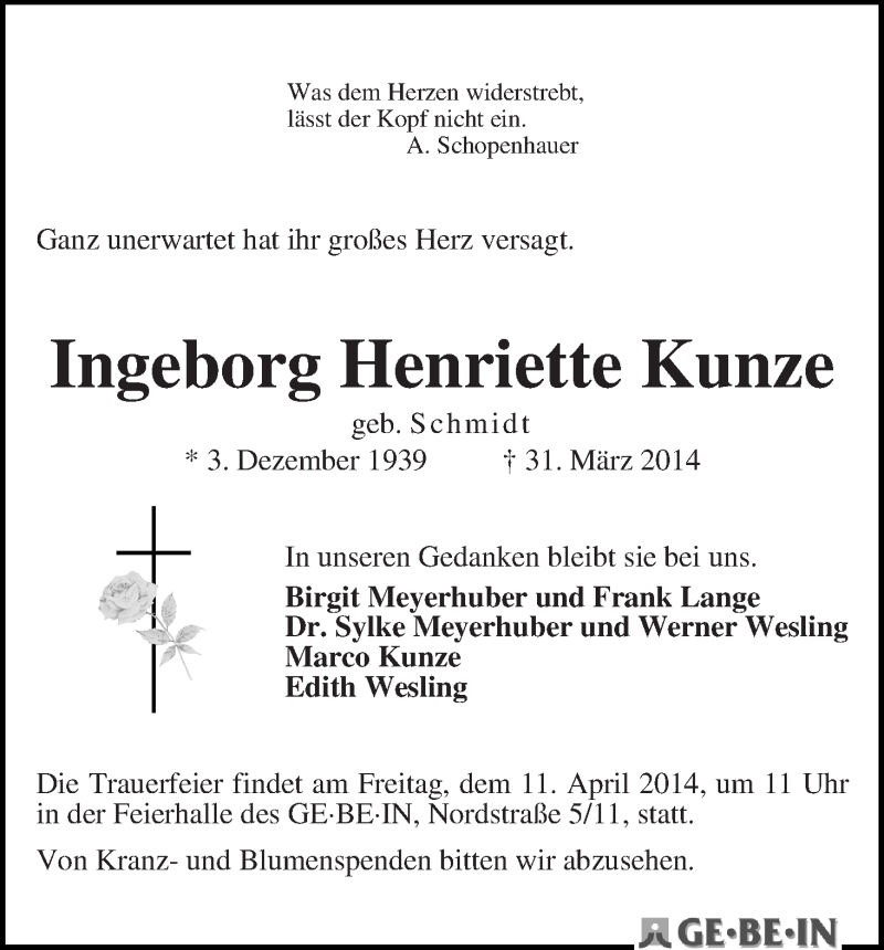 Traueranzeige von Ingeborg Henriette Kunze von WESER-KURIER