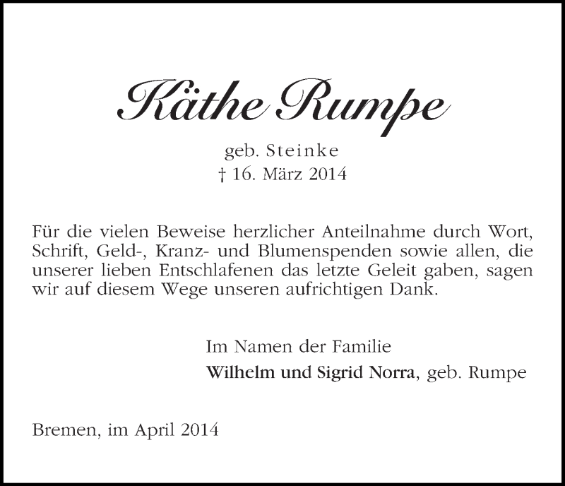 Traueranzeige von Käthe Rumpe von WESER-KURIER