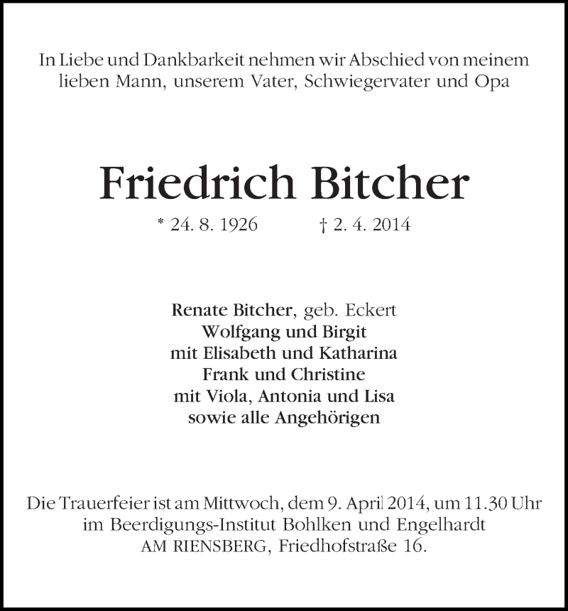 Traueranzeige von Friedrich Bitcher von WESER-KURIER