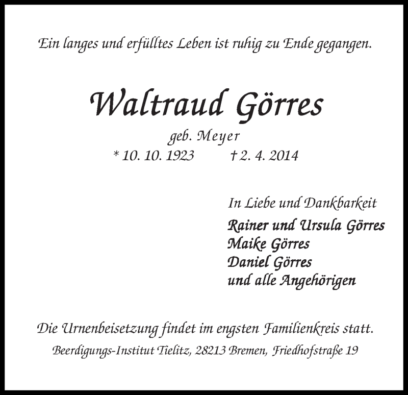 Traueranzeige von Waltraud Görres von WESER-KURIER