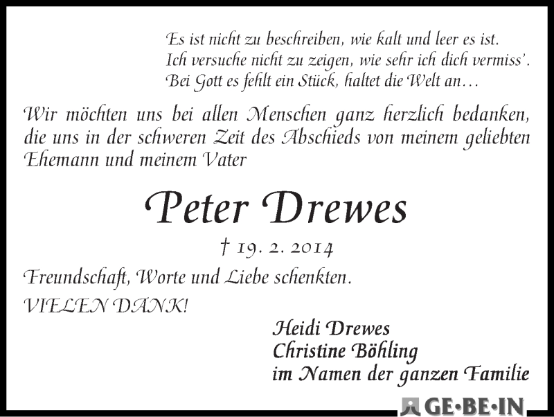 Traueranzeige von Peter Drewes von WESER-KURIER
