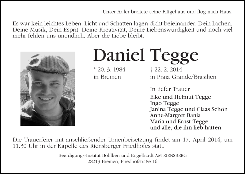 Traueranzeige von Daniel Tegge von WESER-KURIER