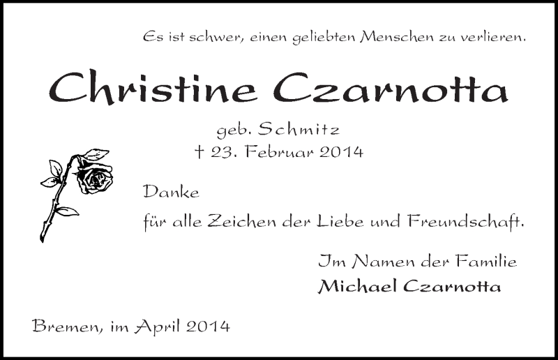 Traueranzeige von Christine Czarnotta von WESER-KURIER