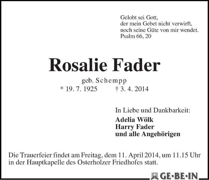 Traueranzeige von Rosalie Fader von WESER-KURIER
