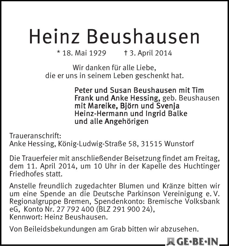 Traueranzeige von Heinz Beushausen von WESER-KURIER
