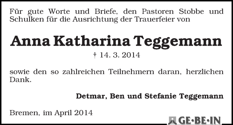 Traueranzeige von Anna Katharina Teggemann von WESER-KURIER
