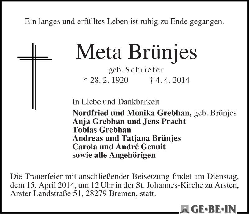 Traueranzeige von Meta Brünjes von WESER-KURIER