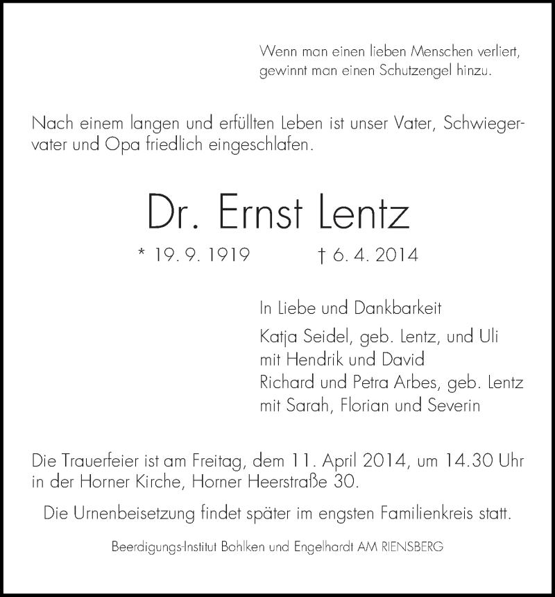 Traueranzeige von Ernst Lentz von WESER-KURIER