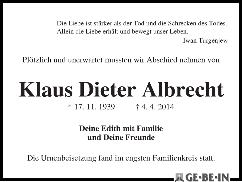 Traueranzeige von Klaus Dieter Albrecht von WESER-KURIER