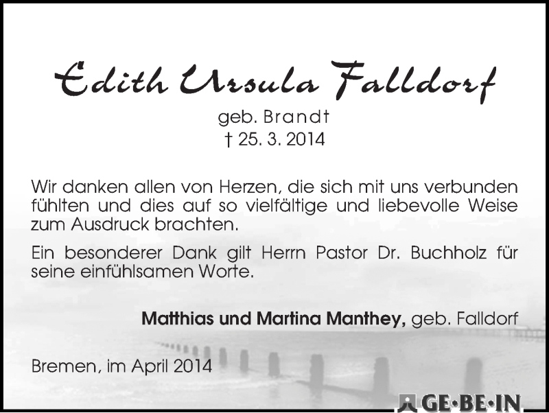 Traueranzeige von Edith Ursula Falldorf von WESER-KURIER