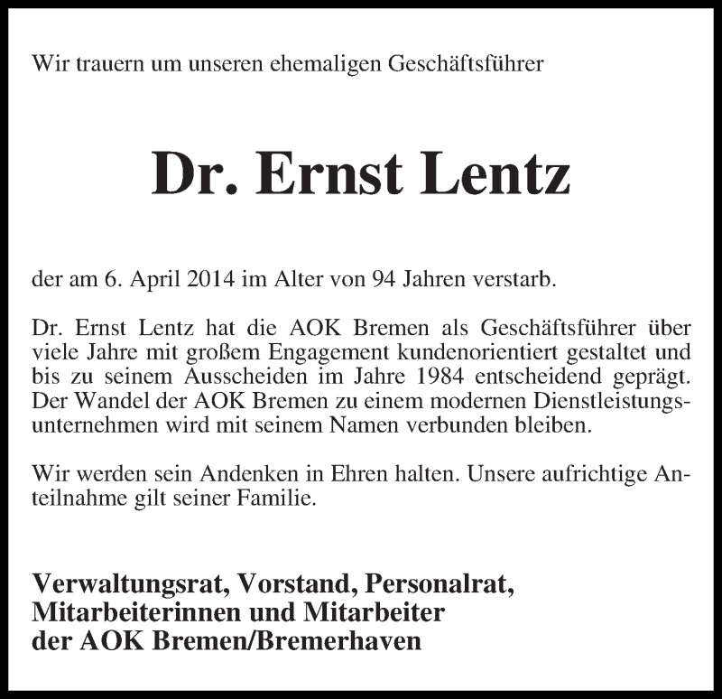 Traueranzeige von Ernst Lentz von WESER-KURIER