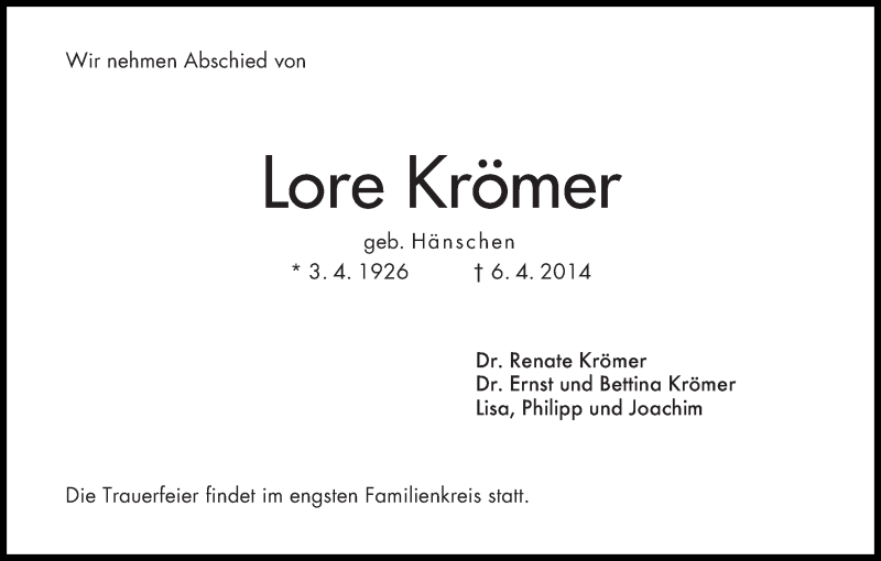 Traueranzeige von Lore Krömer von WESER-KURIER