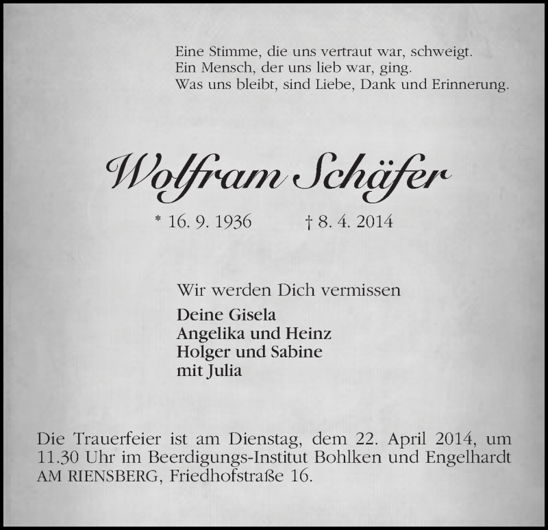 Traueranzeige von Wolfram Schäfer von WESER-KURIER