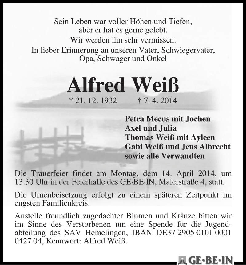 Traueranzeige von Alfred Weiß von WESER-KURIER